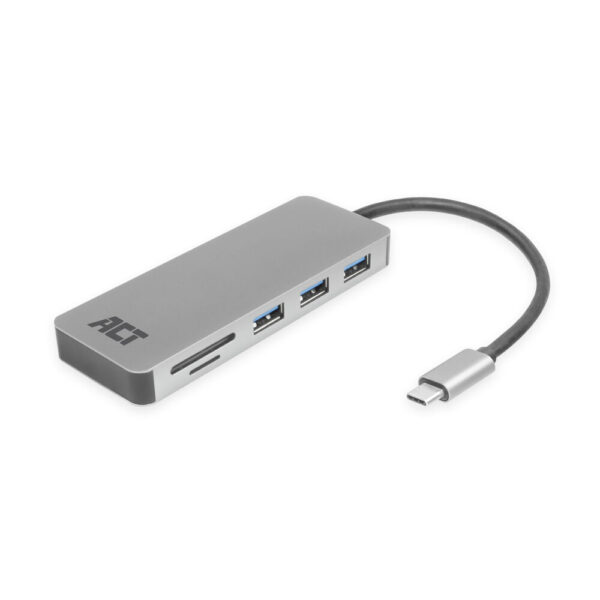 ACT AC7050 USB Hub USB-C 3.1 Gen1 (USB 3.0) - Micro SD/SD Kaartlezer 3x USB-A (f) 1x USB-C (f) met Power Delivery Pass-Through - 15 cm