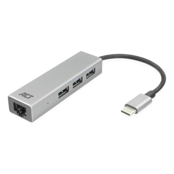 ACT AC7055 USB Hub USB-C 3.1 Gen1 (USB 3.0) - 3x USB A (f) 1x Ethernet Poort - 15 cm
