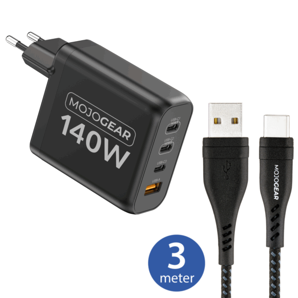 MOJOGEAR CHARGE+ 140 Watt oplader met USB naar USB-C kabel 3 meter