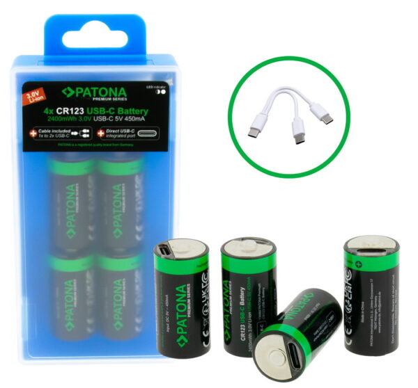 Set van 4 x CR123 oplaadbare batterijen, met USB-C aansluiting - Lithium Ion - 800mAh