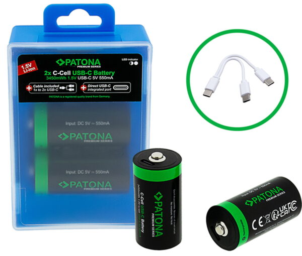 Set van 2 x Baby C oplaadbare batterijen, met USB-C aansluiting - Lithium Ion - 2300mAh