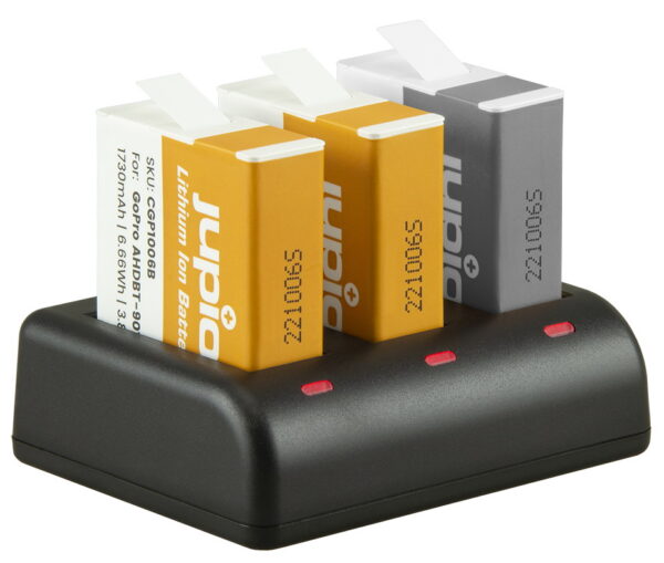 Jupio Kit: 2 x Enduro accu GoPro Hero9, Hero10, Hero11, Hero12 + compacte Triple oplader