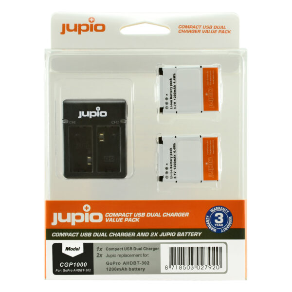 Jupio Kit: 2 x camera-accu AHDBT-302 voor GoPro Hero3 1200mAh + Compacte USB Dual lader