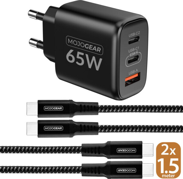 MOJOGEAR CHARGE+ 65W snellader met 2x USB-C naar USB-C kabel 1,5 meter