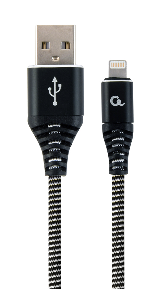 Premium 8-pin laad- & datakabel 'katoen' 2 meter zwart/wit