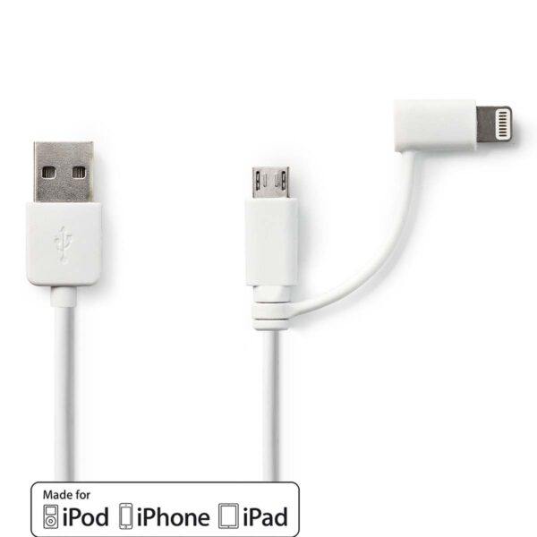 2-in-1 Sync and Charge-Kabel | USB-A Male - Micro-B Male / Apple Lightning 8-Pins Male | 1,0 m | Wit