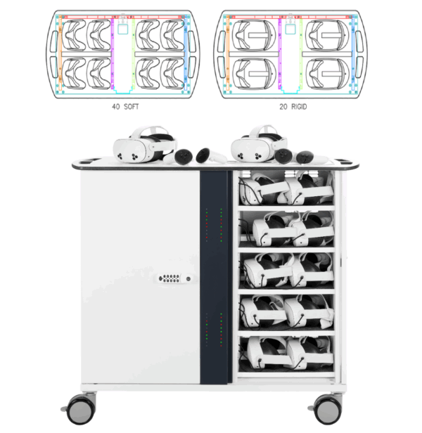 VR Headset AC Chargers Trolley for 40 VR Headsets & Controllers with Code Lock, grey panel, EU mains lead - 112w 55d 95h (cm)