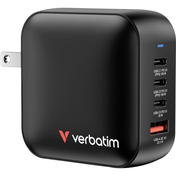 Verbatim Mini GaN Charger Reislader 100 W 1x USB-A, 3x USB-C USB PD, USB PD 3.0, QC 3.0 Zwart Snellader, GaN, Met adapter voor Europa, Met adapter voor