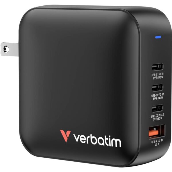 Verbatim Mini GaN Charger Reislader 165 W 1x USB-A, 3x USB-C USB PD, USB PD 3.1, QC 3.0 Zwart Snellader, GaN, Met adapter voor Europa, Met adapter voor