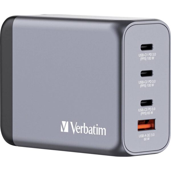 Verbatim GNC-200 GaN Reislader 200 W 1x USB-A, 3x USB-C USB PD, USB PD 3.0, QC 3.0 Grijs GaN, Met adapter voor Europa, Met adapter voor Verenigd Koninkrijk,