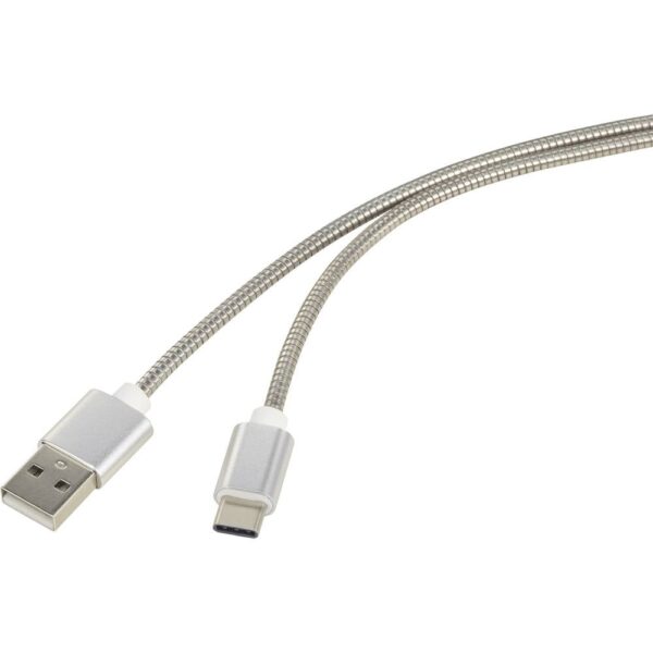 Renkforce USB-kabel USB 2.0 USB-A stekker, USB-C stekker 1.00 m Zilver Kabelmantel van RVS RF-4888671