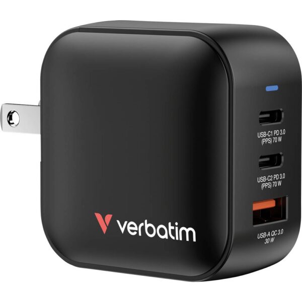 Verbatim Mini GaN Charger Reislader 70 W 1x USB-A, 2x USB-C USB PD 3.0, QC 3.0, QC 4+ Zwart Snellader, GaN, Met adapter voor Europa, Met adapter voor Verenigd
