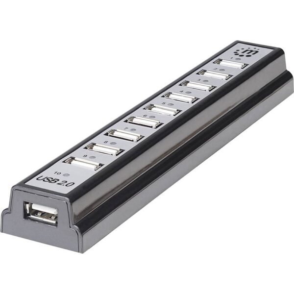 Manhattan Hub USB 2.0 Hi-Speed 10 Porte da Tavolo con Alimentatore USB 2.0-hub 10 poorten Zwart, Zilver