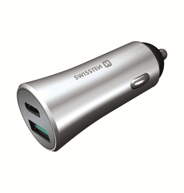 Swissten Swissten Autolader USB-C Poort + Quick Charge 3.0 USB Poort 36W Snel Laden Zilver