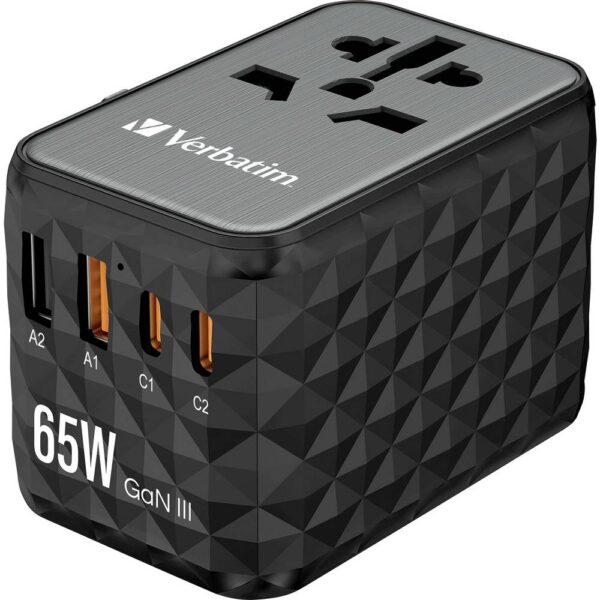 Verbatim UTA-05 GaN III USB-oplader 65 W 2x USB-A, 2x USB-C USB PD, USB PD 3.0, QC 4+, Fast Charge, SuperCharge, Adaptive Fast Charge, PPS Zwart, Grijs GaN
