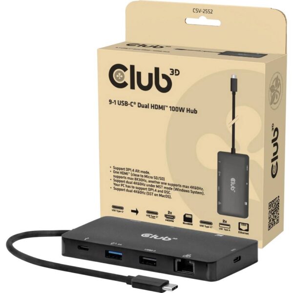club3D CSV-2552 USB-C dockingstation Geïntegreerde kaartlezer, USB-C Power Delivery
