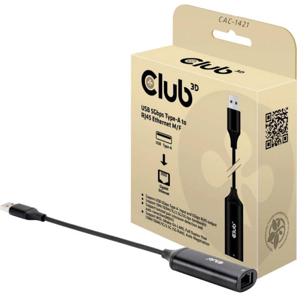 club3D CAC-1421 USB 3.2 Gen 1 (USB 3.0) / RJ45 Adapter [1x USB-A-stekker - 1x RJ45-bus] Zwart 12 cm