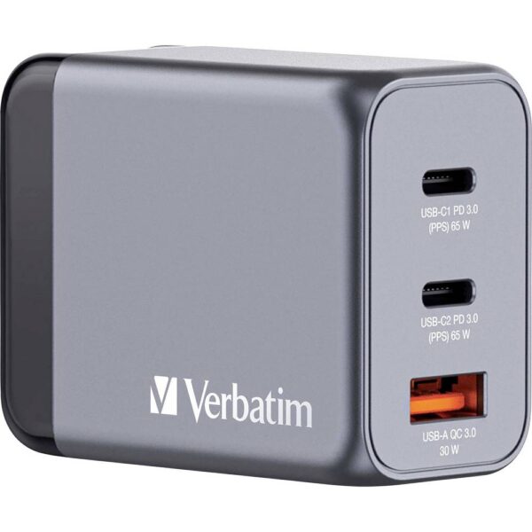 Verbatim GNC-65 GaN Reislader 65 W 1x USB-A, 2x USB-C USB PD, USB PD 3.0, QC 3.0 Grijs GaN, Met adapter voor Europa, Met adapter voor Verenigd Koninkrijk, Met