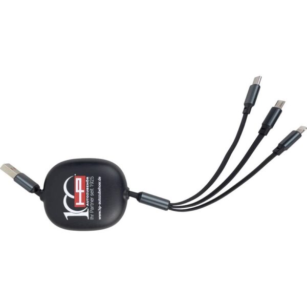 HP Autozubehör Ladekabel 3in1 ausziehbar USB-oplader 1x USB-C, 1x Apple Lightning, 1x Micro-USB Zwart Binnen