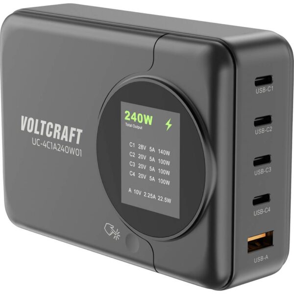 VOLTCRAFT UC-4C1A240W01 USB-oplader 240 W 4x USB-C, 1x USB-A USB PD 3.0 Zwart GaN, USB Power Delivery (USB-PD), Snellader