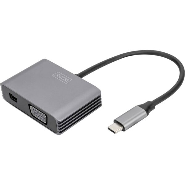 Digitus DA-70825 Mini-displayport / USB-C / VGA Adapter [1x USB-C - 2x Mini-DisplayPort bus, VGA-bus] Zwart Afgeschermd, Rond 0.2 m