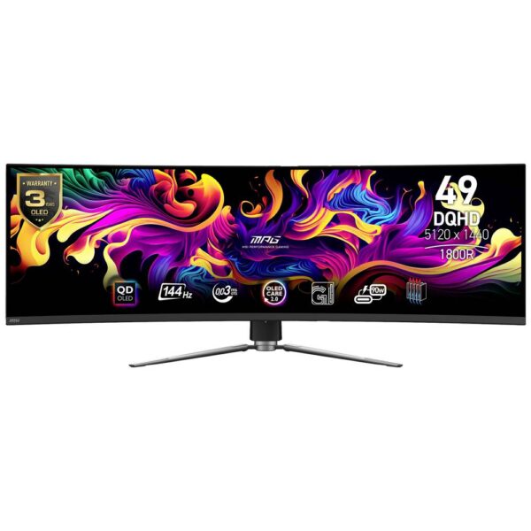 MSI MPG 491CQPDE QD-OLED Gaming monitor Energielabel F (A - G) 124.5 cm (49 inch) 5120 x 1440 Pixel 32:9 0.03 ms HDMI, DisplayPort, USB-C, USB-A 2.0,