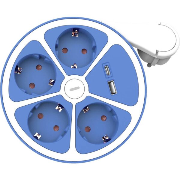ROLINE 4-voudige stekkerdoos met schakelaar, rond, , USB-oplader A+C, blauw, 1,5 m