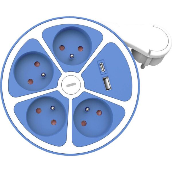 ROLINE 4-voudige stekkerdoos met schakelaar, rond, UTE-uitvoering, USB oplader A+C, blauw, 1,5 m