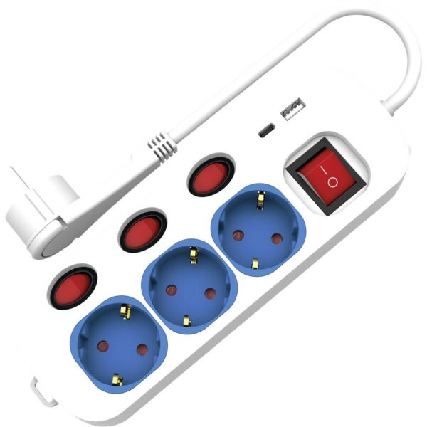 ROLINE 3-voudige stekkerdoos met schakelaar, USB oplader A+C, 3 m