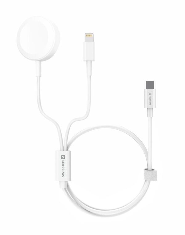 Swissten Swissten Draadloze 2 in 1 Magnetische Oplader voor Apple Watch - Lightning Kabel - USB-C - 1.2M - Wit - Retourdeal