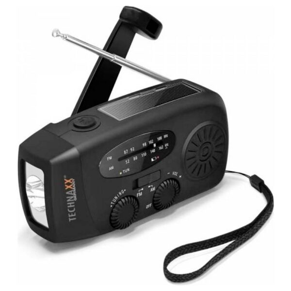Technaxx TX-238 Noodradio AM, FM Noodradio Handslinger, Zonnepaneel, Zaklamp, Oplaadbaar Zwart