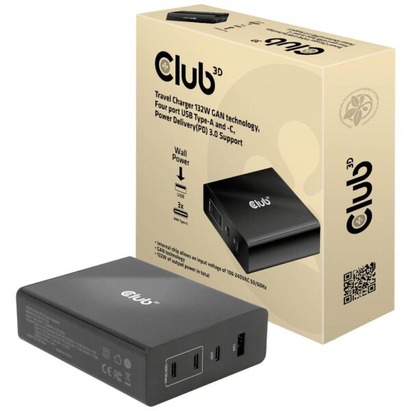 club3D CAC-1906 Laptop netvoeding 132 W 3x USB-C, 1x USB-A USB PD Zwart Binnen GaN, USB Power Delivery (USB-PD)
