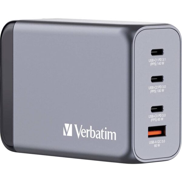 Verbatim GNC-240 GaN Reislader 240 W 1x USB-A, 3x USB-C USB PD, USB PD 3.1, QC 3.0 Grijs GaN, Met adapter voor Europa, Met adapter voor Verenigd Koninkrijk,